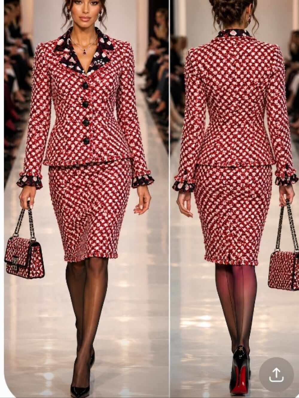 ESCADA M/L TWEED COTTON SILK BOUCLE METALLIC EYELASH RED WHITE BLACK SKIRT SUIT